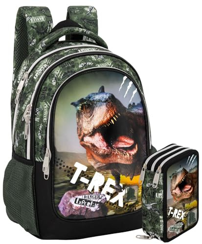 Pack Rentrée Scolaire Garçon Motif Dinosaure T-Rex - Sac à Dos École Primaire (Adaptable Trolley) + Trousse Garnie 3 Compartiments 46 Pièces - Set Assorti (6-11 Ans)