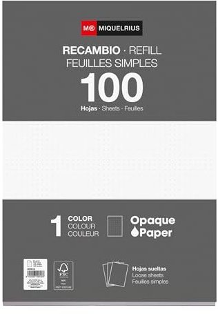 Miquelrius - Bloc de recambio, 100 hojas sueltas punteadas dots, Papel opaco 90 g/m², Recambio hojas A4 sin perforar para carpeta de anillas o archivadores, Material escolar para la vuelta al cole