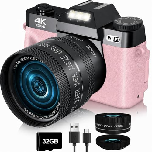 VJIANGER 2026 Upgrade 4K Digital Camera for Photography 56MP Vlogging Camera for YouTube with WiFi, 180°Flip Screen, 16X Digital Zoom, 52mm Lens, 32GB Micro SD Card, 2 Batteries(Pink)