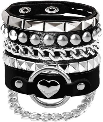 Tosmifairy 80s 90s Womens Faux Leather Bracelets with Heart/Pyramid/Chain,3Pcs Emo Punk Wrap Wrist Cuffs Jewelry Accessories Gothic Gift