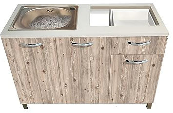 MABEL Mueble de cocina con acabado de madera con 3 puertas y 1 cajón con orificio para placa de cocina, 2 fuegos y fregadero de cocina, mueble de cocina de madera ennoblecida fácil de montar – L 120 x