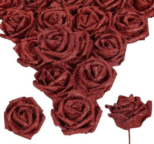 INSUNSIX 30pcs Glitter Red Roses Foam Flowers with Stems Fake Roses Real Looking Flowers for Bridal Shower Centerpieces Wedding Bouquet Table Decorations for Party