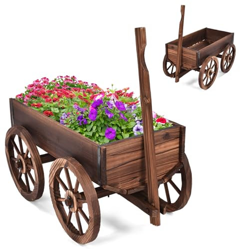 HOMASIS Blumenwagen Holz, Pflanzwagen mit Griff & 4 Rädern, Blumenschubkarre Pflanzschubkarre mit Drainagelöcher, Blumenkasten Gartendeko, Pflanzkasten für Garten Balkon Terasse, 120x43x53,5cm, Braun