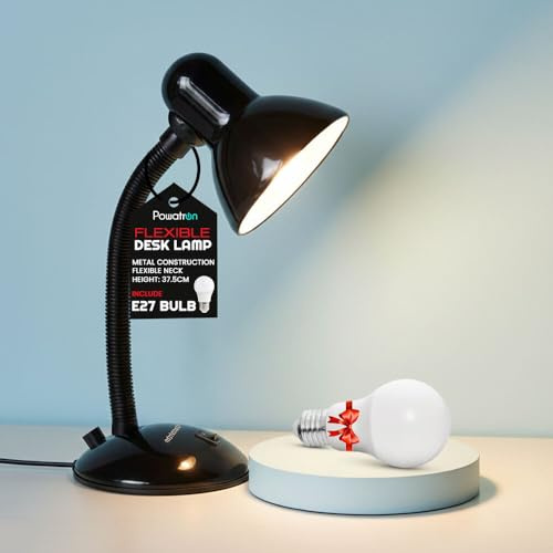 Flexible Desk Lamp with Bulb – Flexi Table Reading Lamp Adjustable Neck Metal Construction On/Off Switch & 1.5m Cable W/BS Approved Plug Mains Powered Desk Lamps | Perfect for Home & Office Use