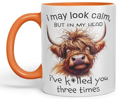 Vixar I May Look Calm, but in My Head I've k*lled You Three Times Highland Cow Joke sarkasm Sarcastic Ceramic Coloured Mug Cup for Tea Coffee Hot Brew 330ml 11Oz Gift (Orange)