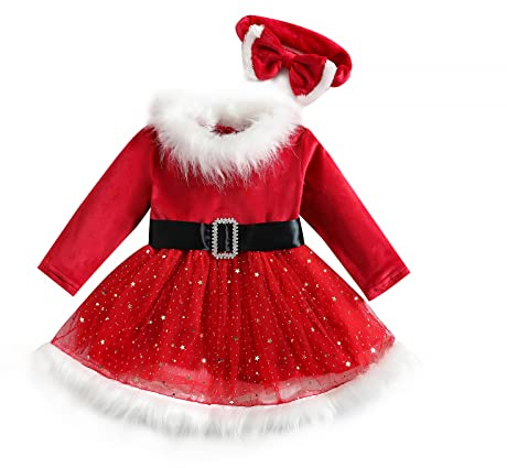 Nicoxijia Robe de Noël pour tout-petit et bébé fille Manches longues Robe de Père Noël en velours rouge avec bandeau Ensemble de vêtements de Noël pour nourrisson, I-red, 4-5 ans