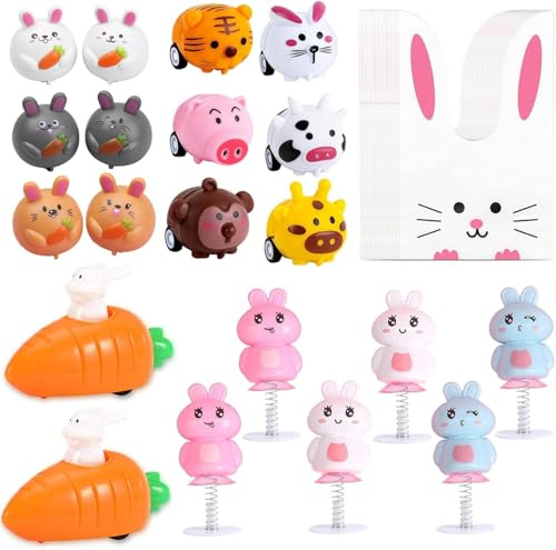 Lapins à Remonter avec Carottes, Jouet de Pâques pour Enfants - Pack de 10 Cadeaux de Pâques (2 Lapins Voitures Retour, 2 Lapins Sautants, 6 Voitures Rétractables Mixtes, 20 Sacs à Bonbons Lapin)