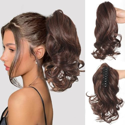 TTPSRY 25cm Perruque Femme Naturelle Postiche Queue de Cheval Avec Pince Extension Claw On Ponytail Cheveux Naturel Micro Ondulé Hair Extensions Naturel(Brun)