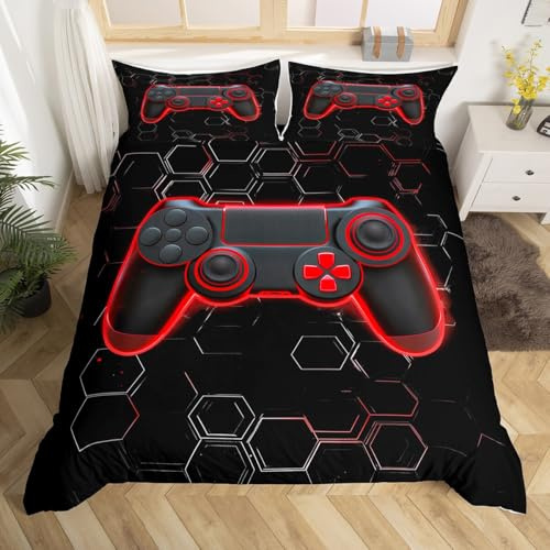 Loussiesd, set di biancheria da letto per bambini e ragazzi, con motivo a nido d'ape, copripiumino per letto singolo, con motivo geometrico esagonale, biancheria da letto per videogiochi, copripiumino