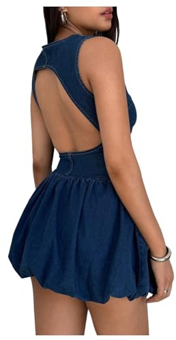 GORGLITTER Women's Denim Bubble Dress Cut Out Backless Sleeveless A Line Mini Summer Vacation Dresses Blue Medium
