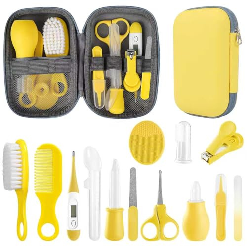Ensemble de soins de sécurité pour bébé avec brosse à cheveux, peigne et coupe-ongles, kit essentiel pour nouveau-né filles garçons (jaune)