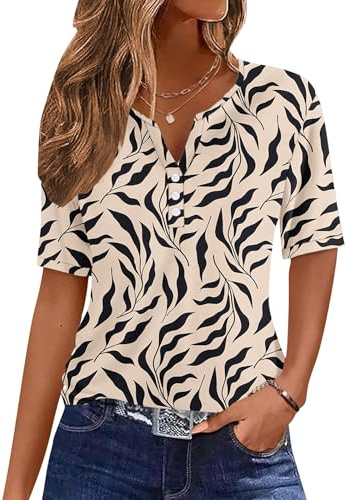WNEEDU Kvinnor sommar T-shirts v-ringad knapp damer toppar kortärmad blusar tunika toppar casual Henley skjortor, Aprikos svart blad, XL