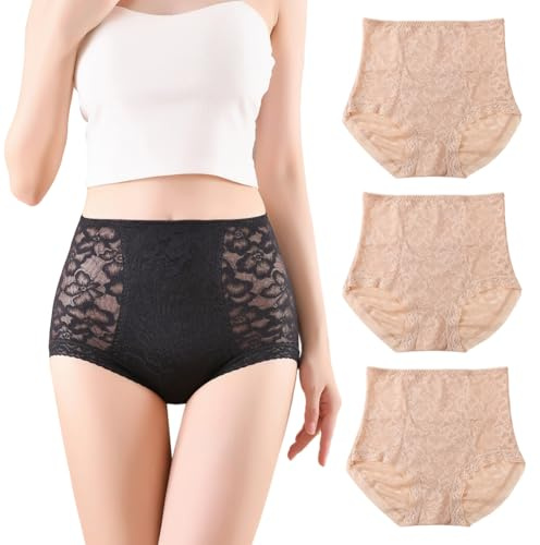 BLKDOTS Women's Comfort High Waisted Lace Shapewear Briefs, Tummy, Waist & Back Firm Control Underwear for Women, Lace Belt Panties No Show, Pack of 3, XL