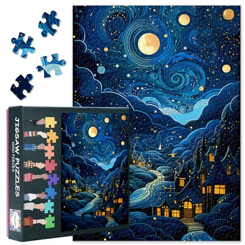 Natt vinterby med hus jigsaw pussel 1000 bitar – omöjligt utmanande måne och stjärnor jigsaw pussel för heminredning by pussel födelsedag party gåvor för pusselälskare 50 cm x 70 cm