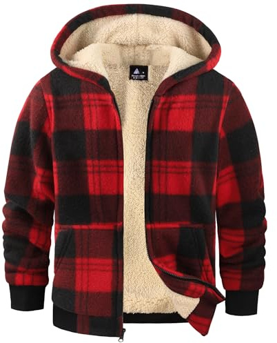 JACKETOWN Fleece Hoodie Boys Checked Jacket Winter Fleece Lining Plaid Hoodie Boys Hooded Sweatshirt Thick Warm Winter Jacket S-2XL Red Black