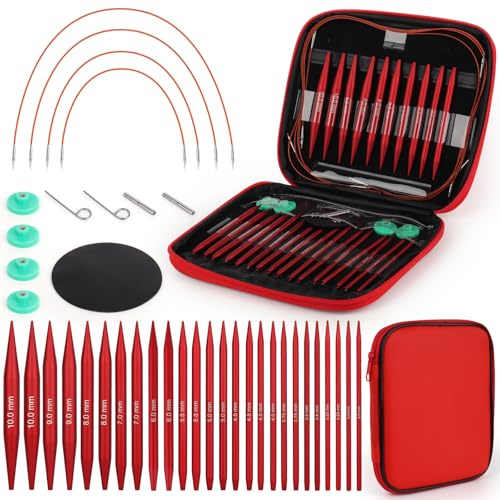 Coopay 13 Paia Ferri Circolari Intercambiabili da 3,0 a 10,0 mm, Ferri da Maglia in Alluminio, Alta qualità, Ferri Circolari per Vestiti per Bambini, Maglioni, Sciarpe - Rosso Opaco