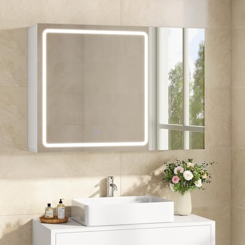 FORABAMB Spiegelschrank Bad 80 cm breit mit LED-Beleuchtung und Steckdose, 16 x 60 x 80 cm, Badezimmerschrank mit HD Spiegel, 3 Verstellbaren Regalen, 3 Farbtemperaturen | Dimmbarer, Badschrank, Weiß