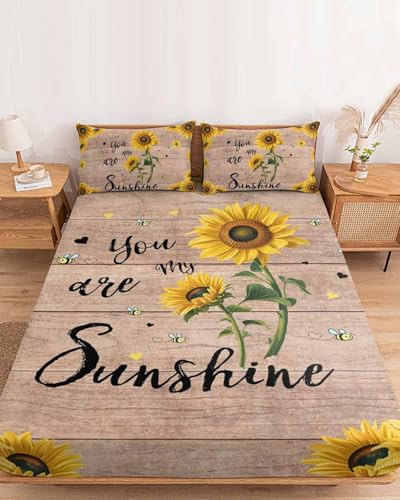 King Fitted Bed Sheets Farmhouse Sunflower Bee Brushed Fitted Sheet with Deep Pocket, Soft Microfiber Breathable Bottom Sheet with Pillowcases, Rustic Yellow Flower Wood Board Bedding Sheets