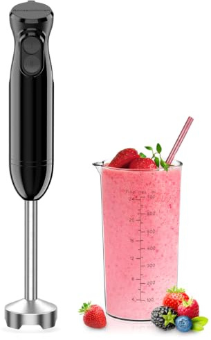 Bonsenkitchen 2-in-1 12-Speed Handheld Immersion Blender(Black) | Turbo mode, Stainless Steel Blades, 24oz Beaker, Detachable Design, Non-slip Handle