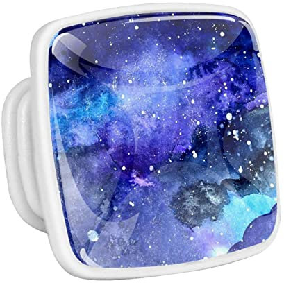 4 Pcs Square Cabinet Handle Cupboard Fluorescence Knob Glowing in The Dark Drawer Pulls Handle Night Starry Sky Paint Blue Drawer Knobs with Screws Furniture Decor