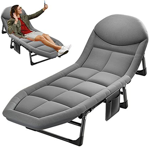 Plerile Klappbarer Sonnenliege Liegestuhl, Feldbett Gartenstuhl Mit Auflage Und Kopfstütze, 200 * 64cm Tragbare Campingliege Relaxliege Für Patio, Strand, Pool Und Garten (Color : Light Gray)