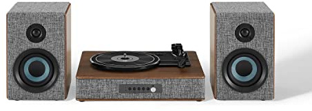 Crosley Aria Record Player with Speakers - Bluetooth Turntable with 50W Bookshelf Speakers, Easy Set Up Vinyl Player, Record Player Shelf System with AUX Input, Bluetooth Receiver, FM Radio, Grey