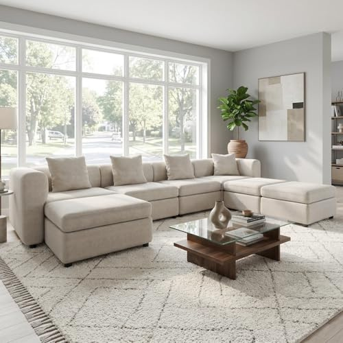 Miuuod Canapé 7 places en forme de U/L de 380 cm de large, 4 places avec 3 poufs de rangement, ensemble salon moderne avec cadre en bois massif, canapé d'angle modulaire avec assise profonde