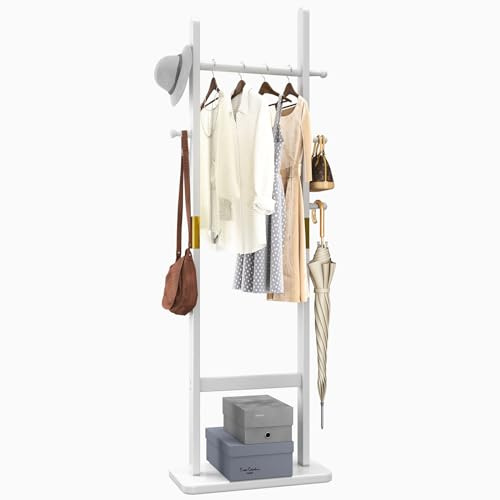 Aibiju Garderobenständer 180 cm mit Rechteckigem Sockel und 5 Haken, Kleiderständer Massivholz, sehr Stabiler Garderobenständer für Wohnzimmer Schlafzimmer Büro, Weiß YD-201