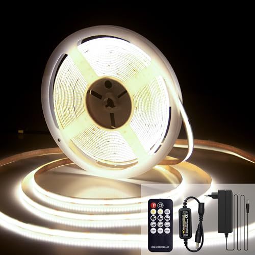 luktix Tira LED COB 10M, 4000K Tira LED blanca cálida, 24V Tira de luces LED Regulables, CRI92, 8 mm de Ancho, con Control Remoto y Fuente de Alimentación para Decoración Hogar, Cocina, Espejo