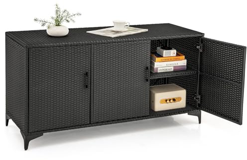 TANGZON 318L Garden Deck Box, 3 Door Patio Cabinet Container with Removable Shelves, Indoor Outdoor Large Storage Box for Pillows, Cushions, Tools (Black)