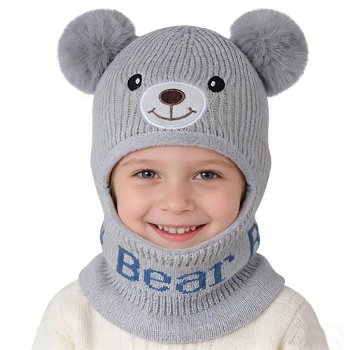 AYPOW Cagoule Enfant Bonnet Bebe Fille Garçon Hiver Tricoté Echarpe Cache Oreilles Chaud Polaire Mignon Chapeaux avec Pompon Cagoule Balaclava pour Ski Snowboard