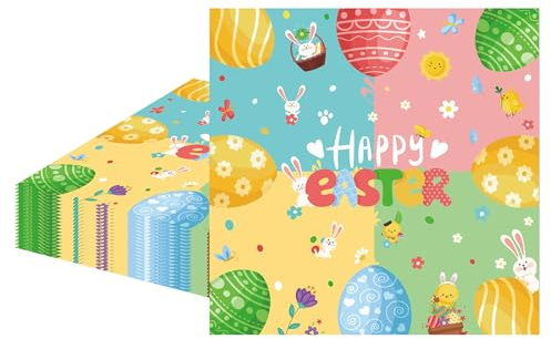 MORAINJAY 20Pcs Easter Napkins,Multicolor Eggs Cute Rabbit Happy Easter Paper Napkin,6.5inch Party Luncheon Tissue Table Decorations for Spring Party Supplies
