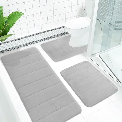 Tutamaz Badematte Set 3-teilig aus Memory Foam,Badteppich Saugfähige Badvorleger, Weich & Schnell Trocknend, Badteppich rutschfest Waschbar Badvorleger Set für Dusche, WC & Badewanne (Hellgrau)