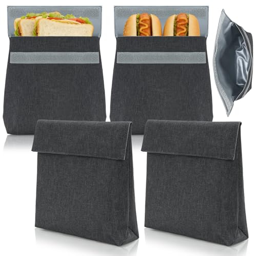 Cididu 4 Pack Insulated Reusable Snack Bag, Small Lunch Sandwich Bag with Self Adhesive Closure, Washable Food Pouch for Backpackers, Hot and Cold Food, Picnic, Travel, Office, Work