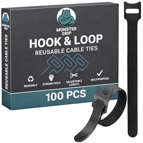 Reusable Cable Ties, 100 Pack Hook and Loop Cable Ties | Strong Secure Hold, Adjustable Fastening, Multiple Uses