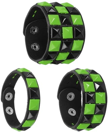 sourcing map 3 Pcs Leather Punk Bracelet 8.7/22cm Square Rivets Goth Spike Studded Bracelet Adjustable Wristband Cuff Bangle for Halloween Party Favors Emo Grunge Accessories, Black Green