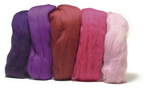 Rayher 5365000 Merino-Kammzug, superfein, 19 mic, 5x10g Sortiert, SB-Btl 50g, Pink-Töne
