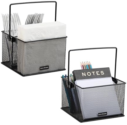 Mind Reader Utensil Holder, Silverware and Napkin Caddy, Outdoor Utensil Organizer, Metal Mesh, 7L x 7W x 5H, Set of 2, Black