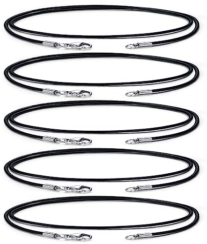 Wunionup Black Genuine Leather Cord Chain Necklace - 2mm Natural Leather Rope Chain Jewelry with Stainless Steel Clasp (5pcs / Pack) 22 Inch