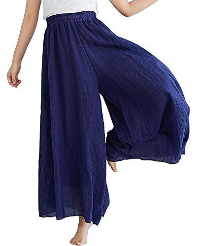 BININBOX Pantalon Large Femme Palazzo Jambes Large Elastiqué Taille Haute Décontracté Lin Coton Jupe-Culotte Longue (Bleu Marin, Longueur 95CM)
