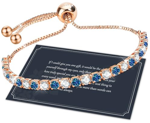 J.Fée Gold Bracelets for Womens Tennis Bracelet with 4MM Austria Blue and White Crystal Adjustable Jewellery with Box,Gift for Women Mothers Day Gifts For Mum,Rose Gold