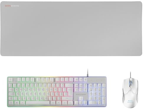 Mars Gaming MCPX, Portugués, Combo Gaming 3en1 con Teclado H-Mech Iluminado, Ratón Ultraligero 10000 dpi con Software y Alfombrilla XXL, Compatible con PC, PS4, PS5, Xbox, Blanco