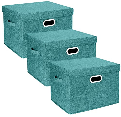 TYEERS Large Storage Box with Lid, Collapsible, Washable, Fabric Storage Box for Clothes, Wardrobe Storage, 44x30x29 cm, Set of 3, Aqua Deep