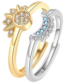 TOFBS 2Pcs Bague Soleil Lune Plaqué Or Bague en Argent Ajustable Scintillant Soleil Lune Bague avec Zirconium Promesse Couple Bagues Amitié Bijoux pour Femme argent+or