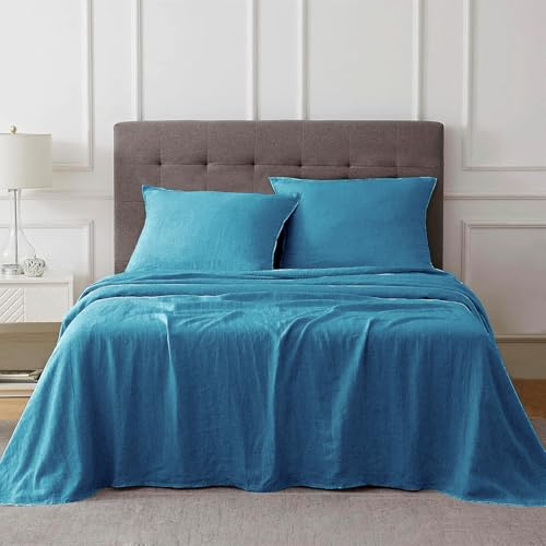 Talasily Linen Sheets-Full Size Sheets Set,Blend from Linen Cotton Bedsheets,All Seasons Soft Breathable 4 Piece Set-Blue