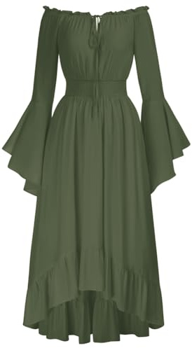 Scarlet Darkness Renässansklänning med långa ärmar och bara axlar, medeltida maxiklänning i vintagestil för kvinnor, Olivgrön, M