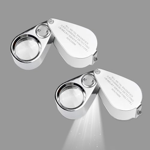 Lente ingranditrice a luppa illuminata LED UV 40X con costruzione in metallo e vetro ottico, con confezione al dettaglio Kare and Kind (40X x 25 mm, argento) - 2 pezzi