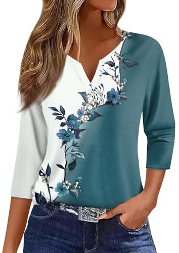 HSUAYEUD Womens 3/4 Sleeve Tops and Blouses 3/4 Length Sleeve UK Button Down Summer Tops V Neck T Shirts Blouses Casual Print Tunics Graphic Tees Blue XXL