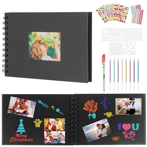 Album De Fotos Para Pegar Y Escribir A5 con 60 Páginas, DIY Album Para Pegar Fotos 21.5×15 cm Album Fotos Scrapbook con Bolígrafos y Pegatinas, Cuaderno Scrapbook para Aniversario, Cumpleaños (Negro)