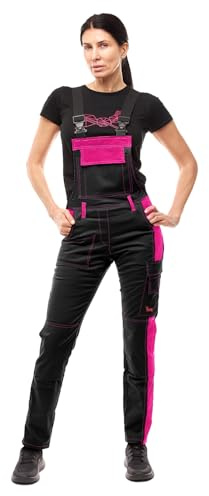 strongAnt Salopette Femme Strong Cotton Stretch avec poches pour coussinets de genoux – Salopette pour le travail et la construction – Noir-Rose, 46
